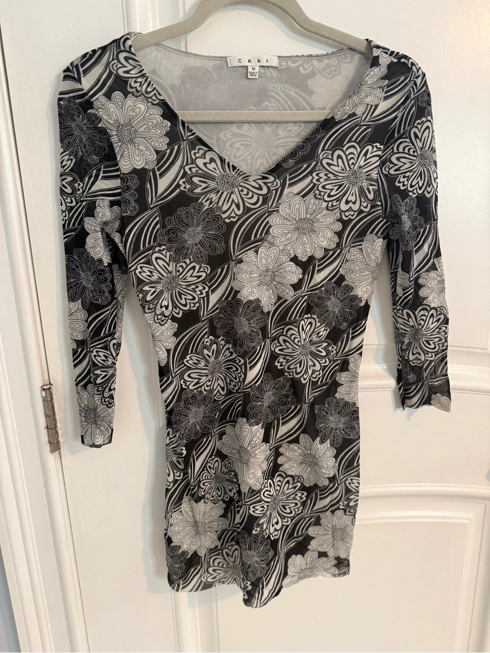 CAbi Black and White Floral V-Neck Long Sleeve Dress